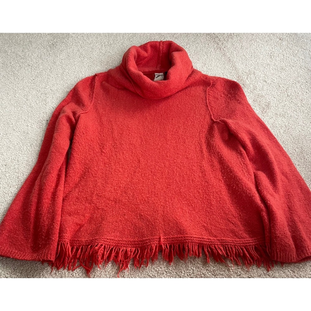 Anthropologie Cowl Neck Fringe Alpaca Blend Boucle Sweater Coral Red Small